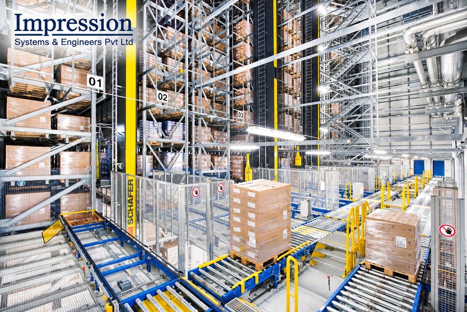 Automated warehouse material flow system in a modern industrial facility