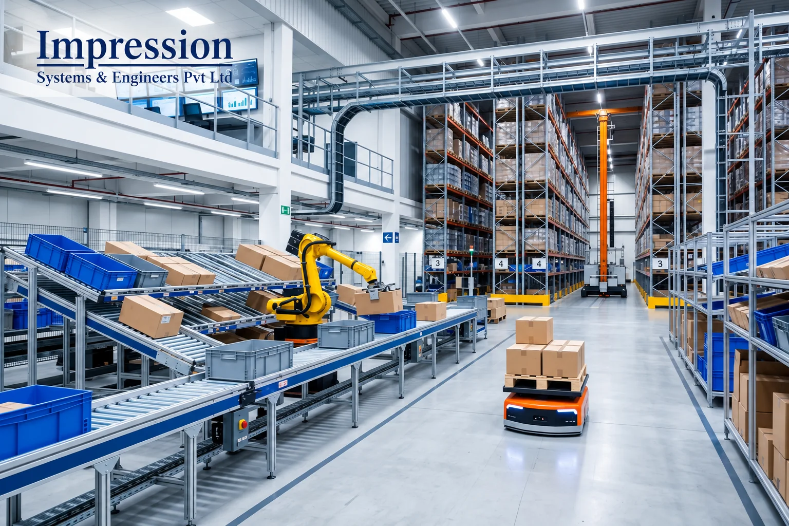 Intralogistics automation solutions with conveyors, automated storage racks and mobile robots