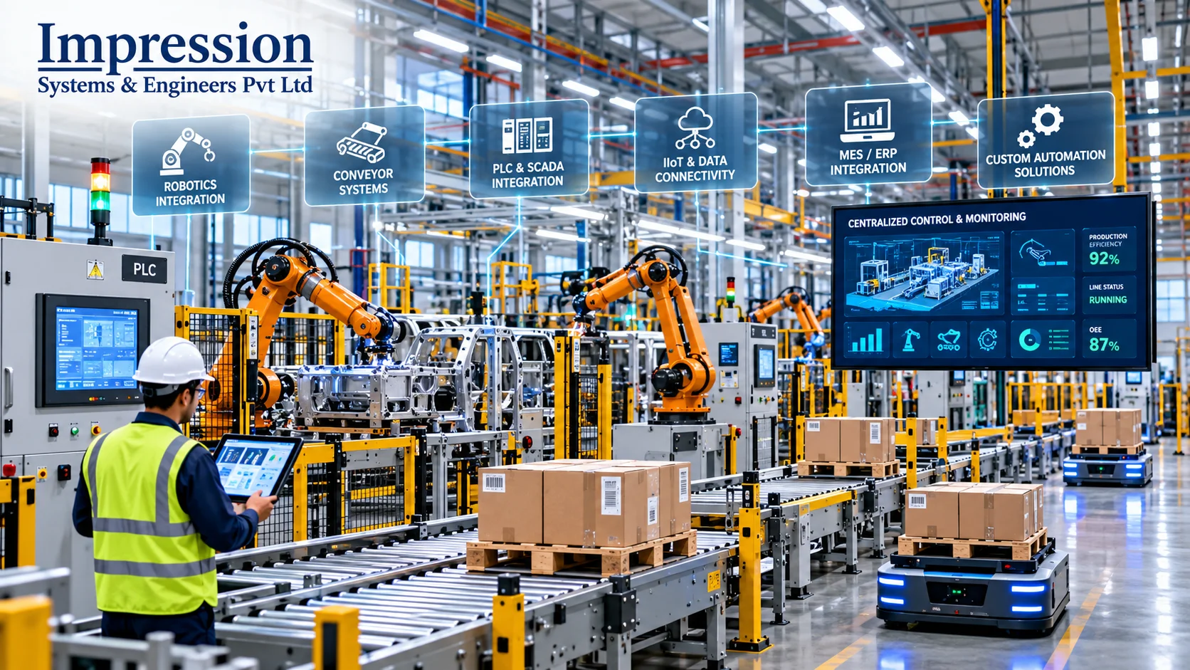 Industrial automation integration connecting robotic equipment, conveyors and manufacturing control systems